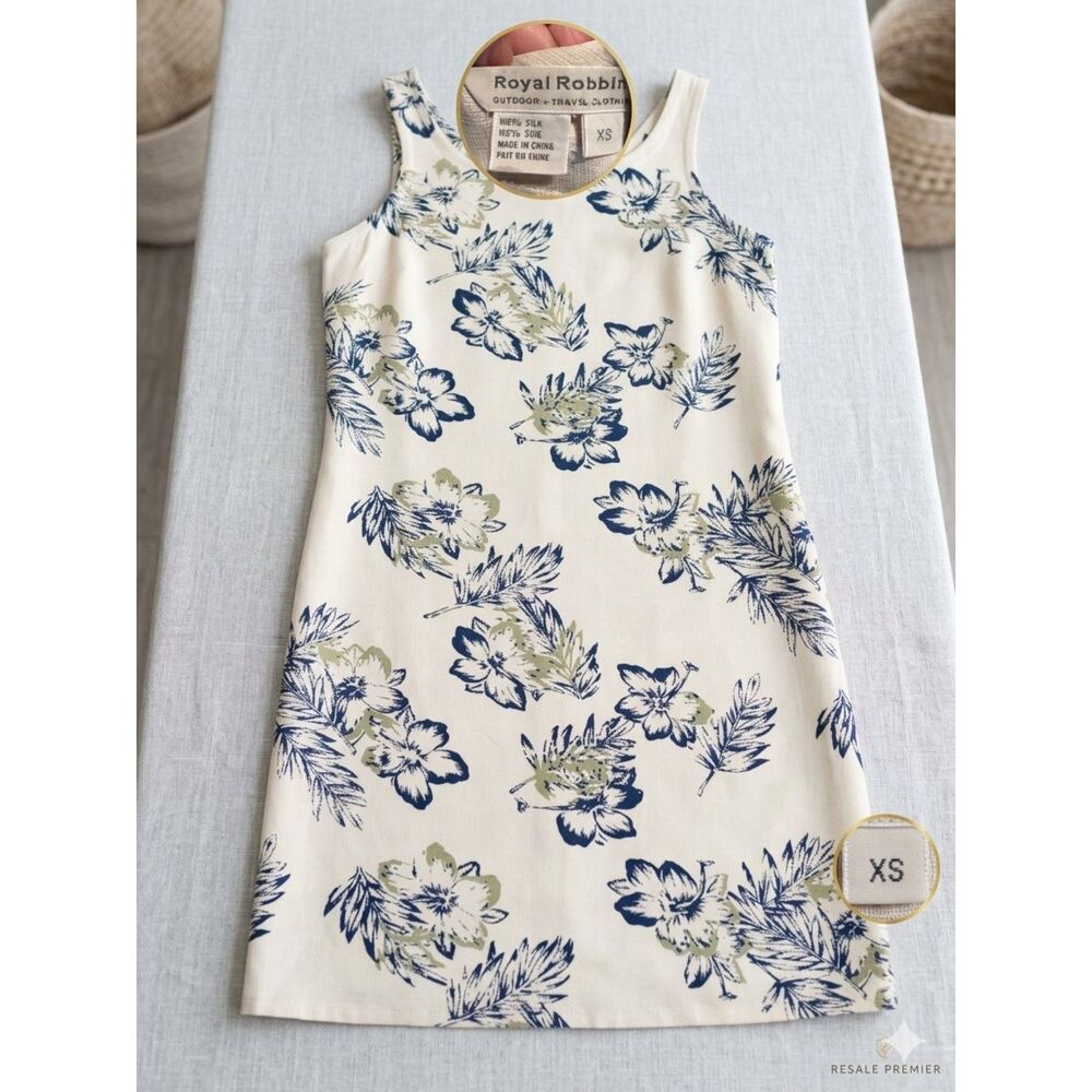 Vintage Royal Robbins 100% Silk Floral Shift Tank Dress Cream Blue XS